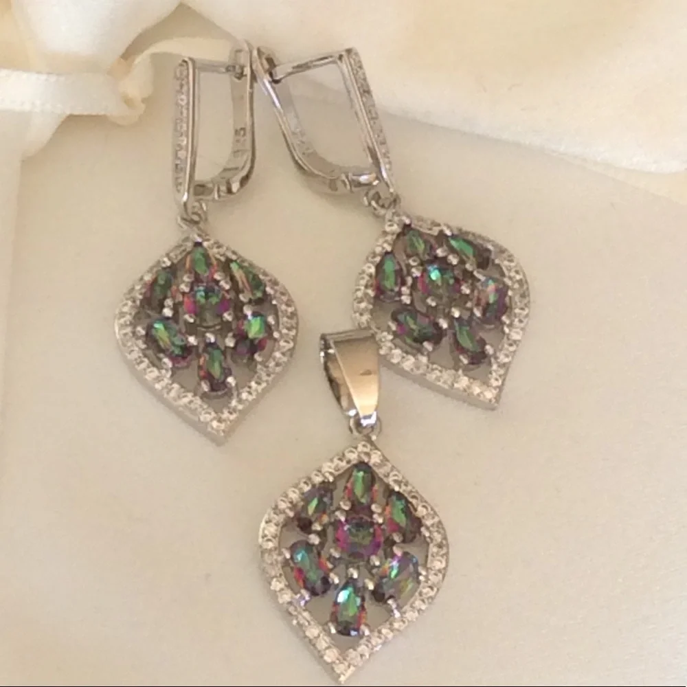 Sterling Silver Rainbow Mystic Topaz Necklace/ Earrings set  925 - Picture 2 of 8
